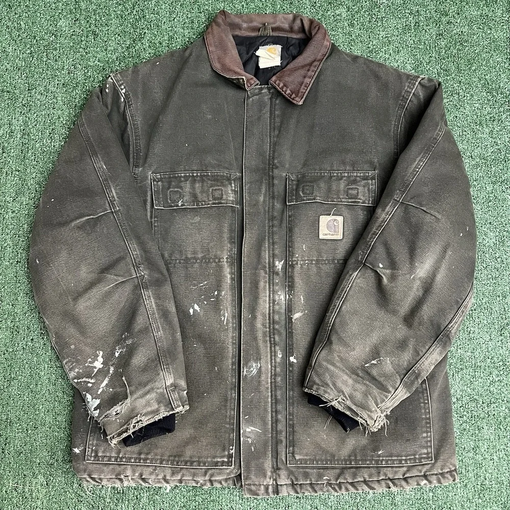 VTG Carhartt Jacket Large Green C26 MOS Distressed Faded Detroit Made in USA